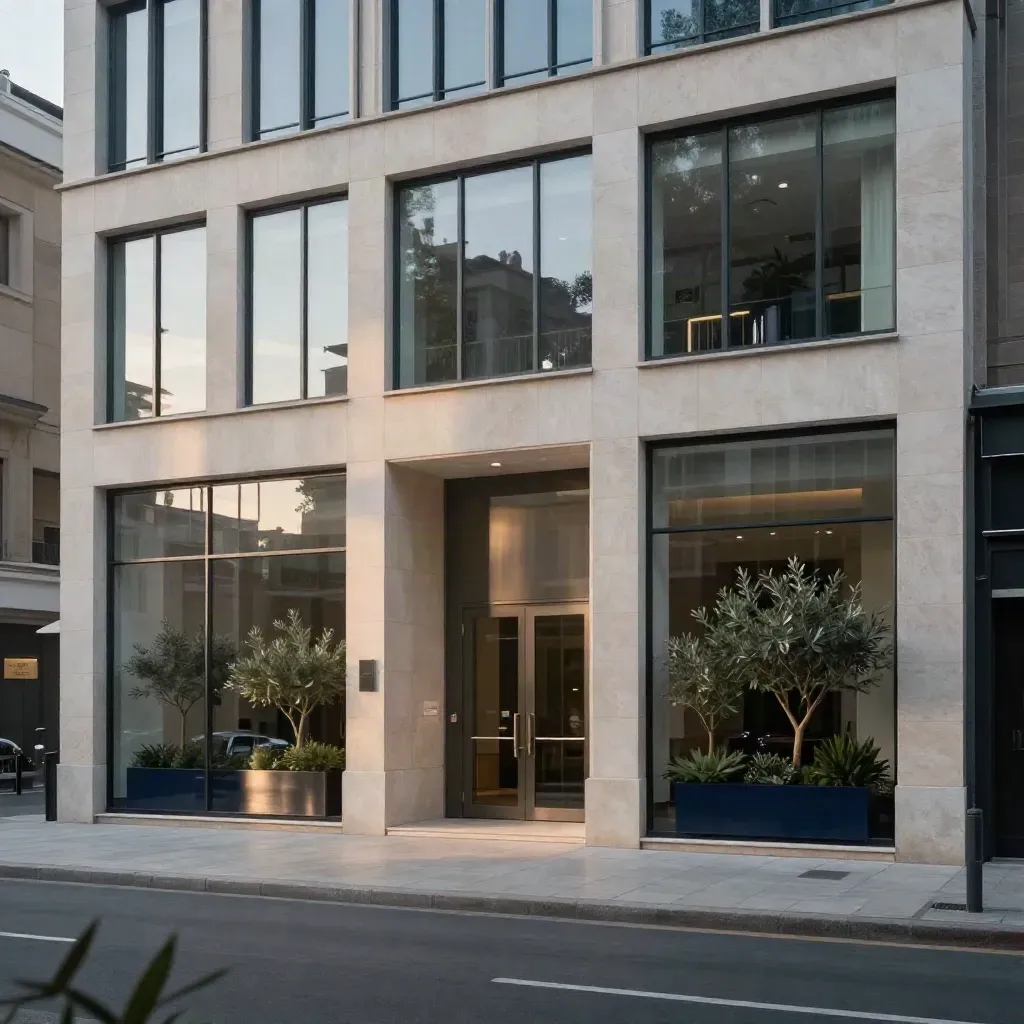 Fachada corporativa renovada con vidrio limpio, piedra clara y jardineras sobrias al atardecer.