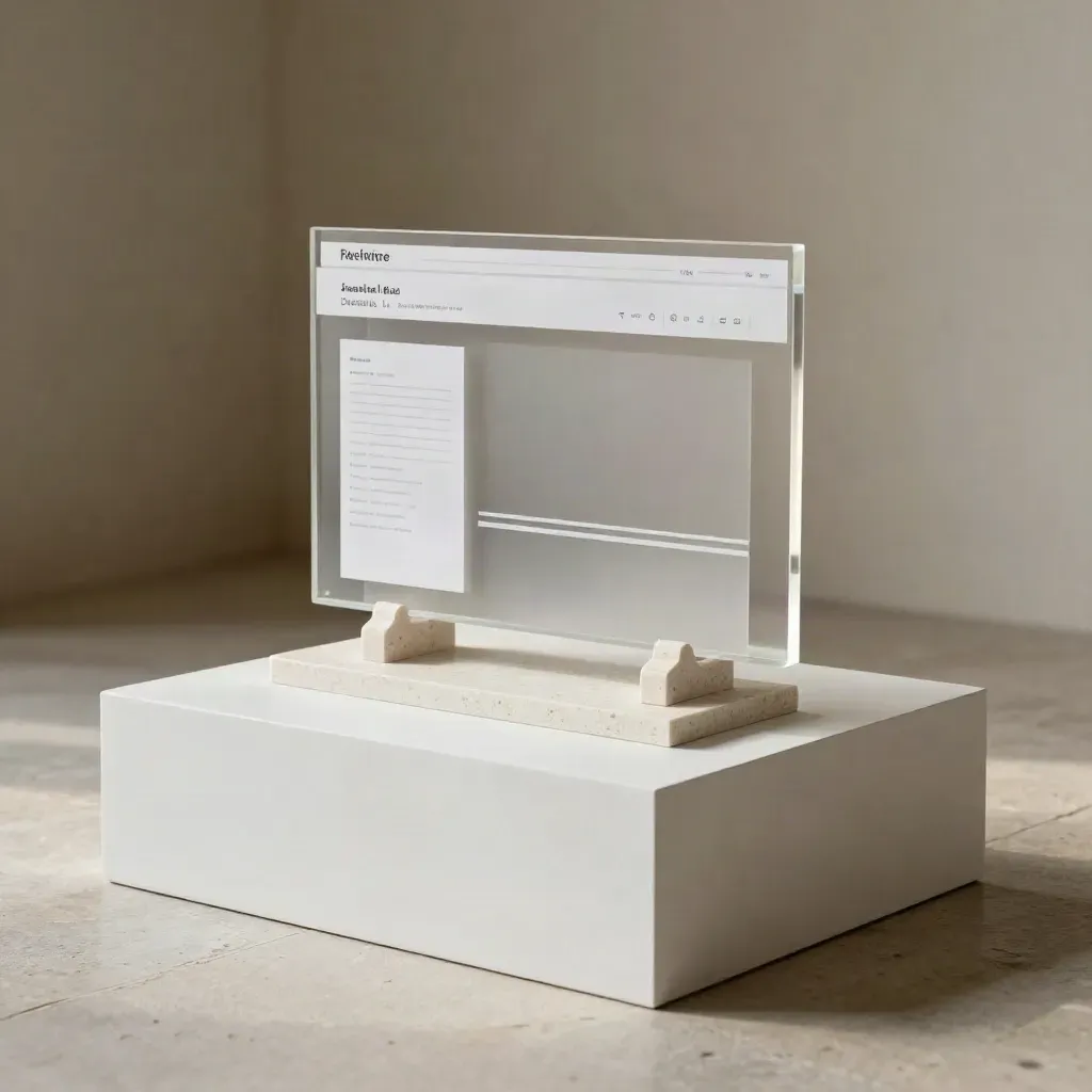 Maqueta blanca de landing de ventas sobre pedestal de travertino, con luz suave y fondo cálido.