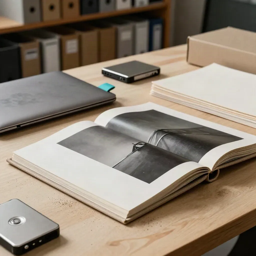 Estudio fotográfico con archivadores, impresiones mate, funda de portátil y carpeta cerrada sobre mesa clara.