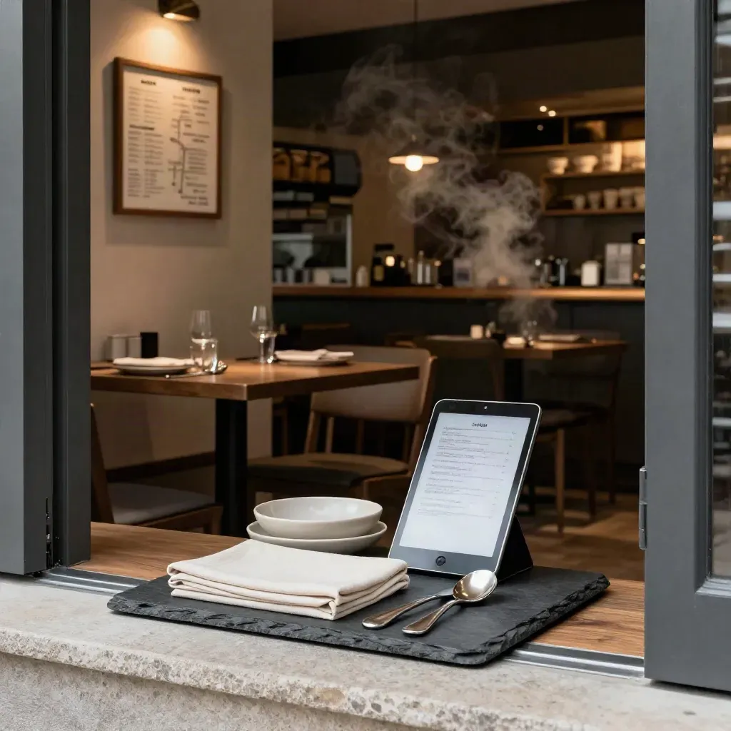Entrada de restaurante lista, mesas vacías, cerámica neutra y luz cálida en el acceso.