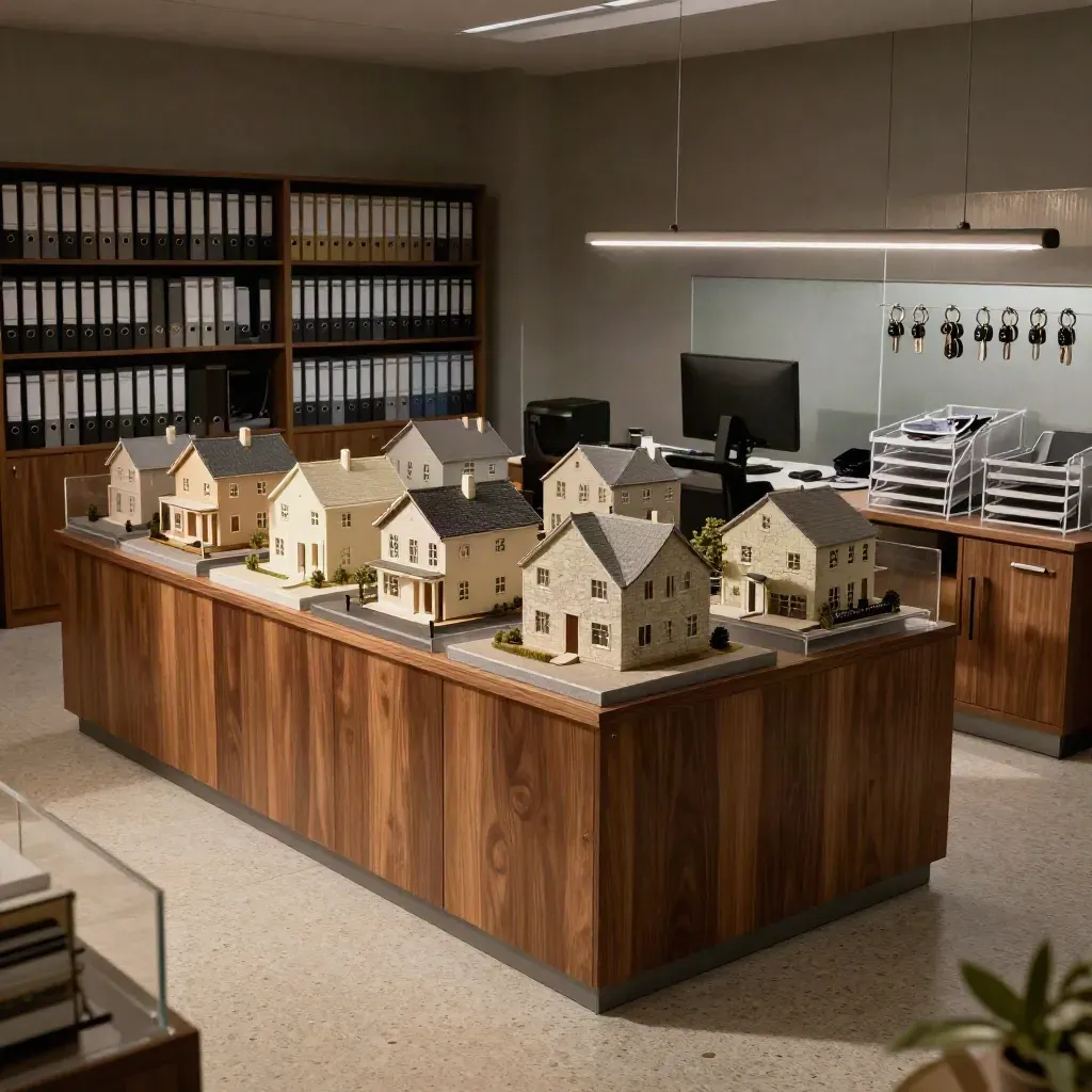 Oficina inmobiliaria ordenada con maquetas de casas, archivadores y monitor apagado en luz tenue.