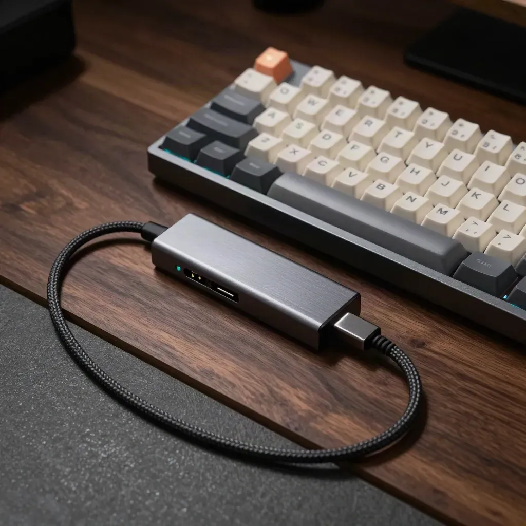 Teclado mecánico, hub USB-C, SSD y cable trenzado sobre madera oscura con luz dramática.