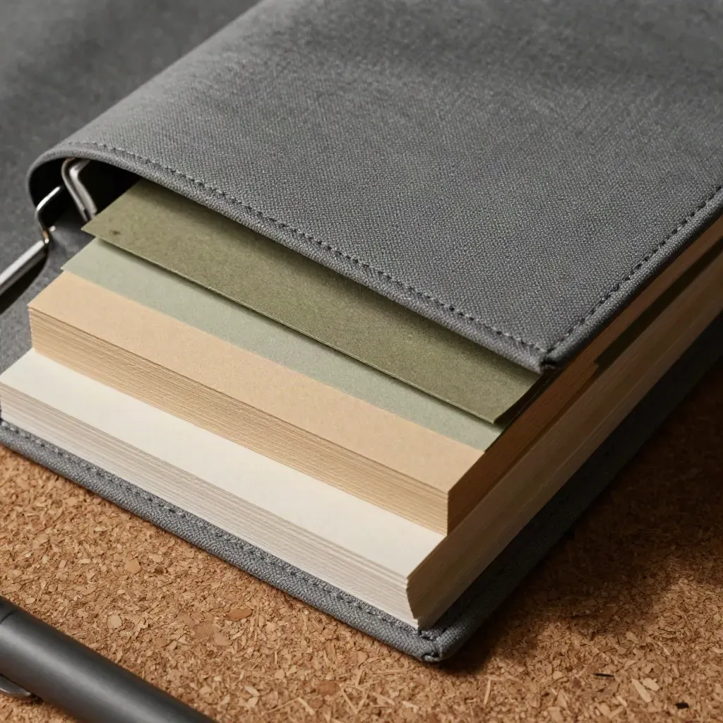 Tarjetas, notas adhesivas y carpeta de contenido sobre tablero, con luz lateral dramática.