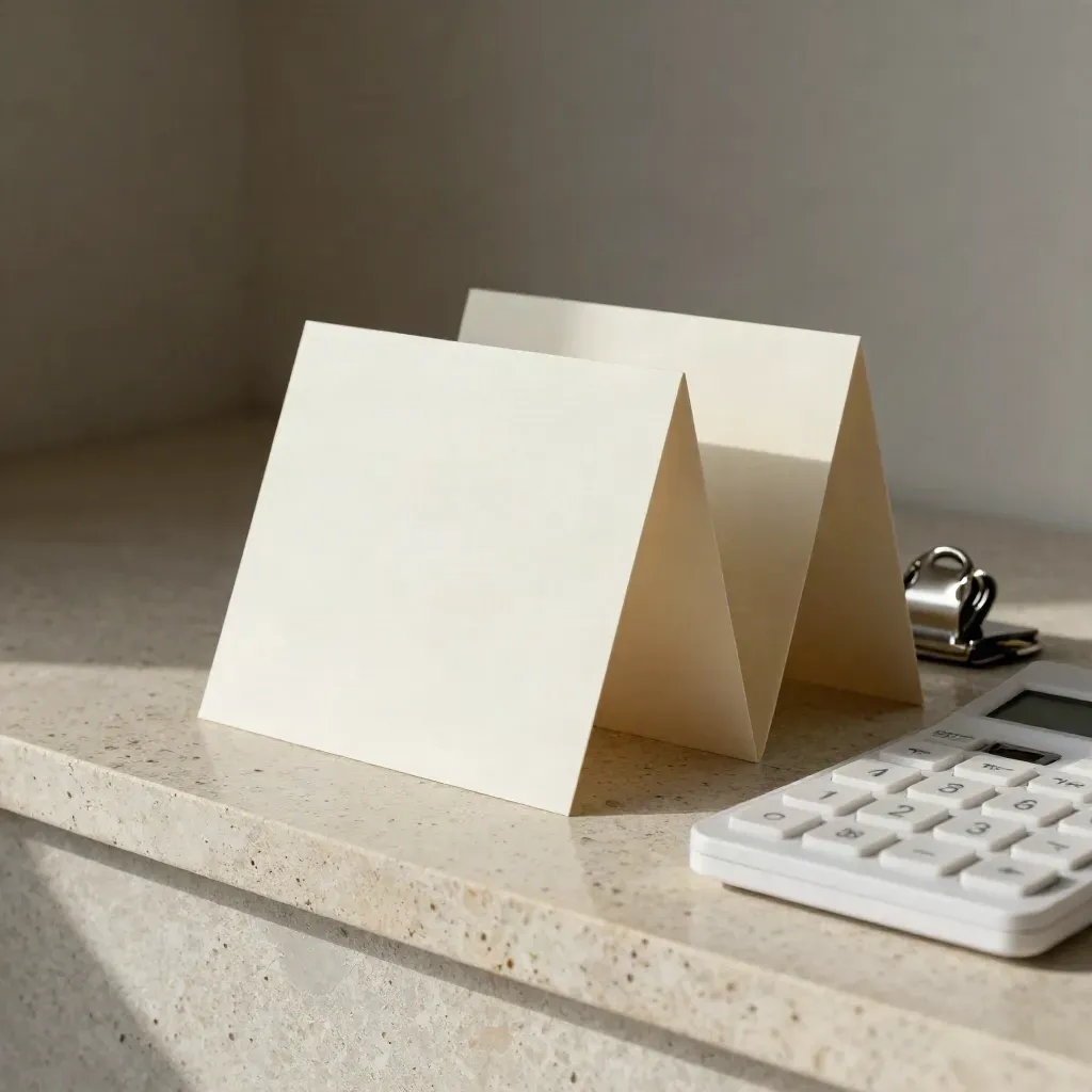 Tarjetas plegadas, clip metálico y estuche de calculadora sobre repisa de piedra.