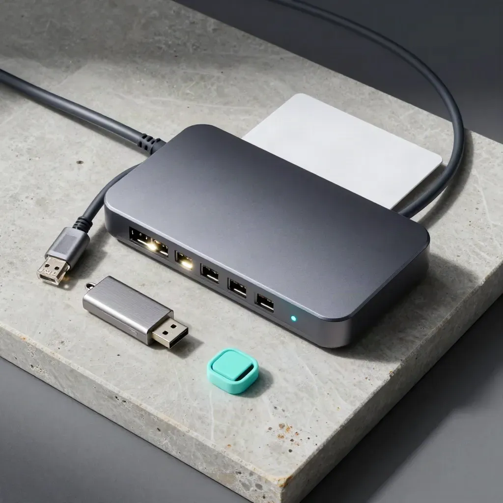 Flatlay cenital de un hub de red, cable ethernet y llave USB sobre piedra mineral, con luz activa.