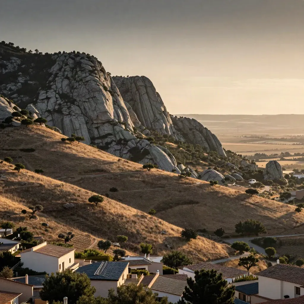 Vista dorada del norte de Madrid con sierras, urbanización baja y llanura abierta