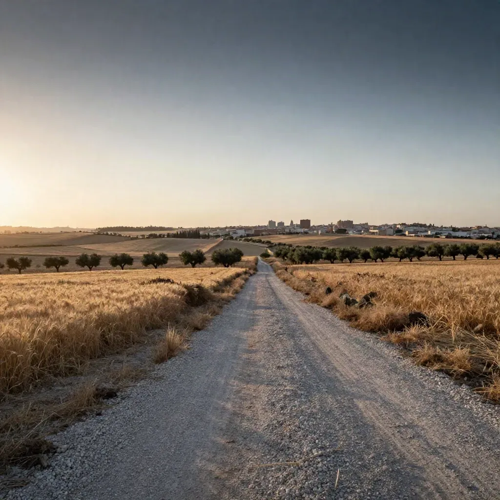 Vista del este de Madrid al amanecer, con llanuras suaves y horizonte lejano de Alcalá.