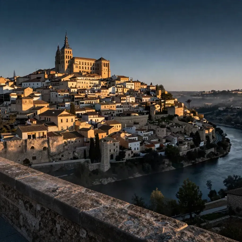Vista amplia de Toledo sobre el río, con luz dorada y valle suave para copiar.