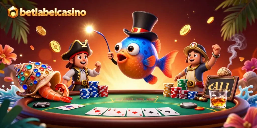 Experience excitement at betlabelcasino with a deep-sea anglerfish, pirate shrimp, and treasure snail at a vibrant poker table.