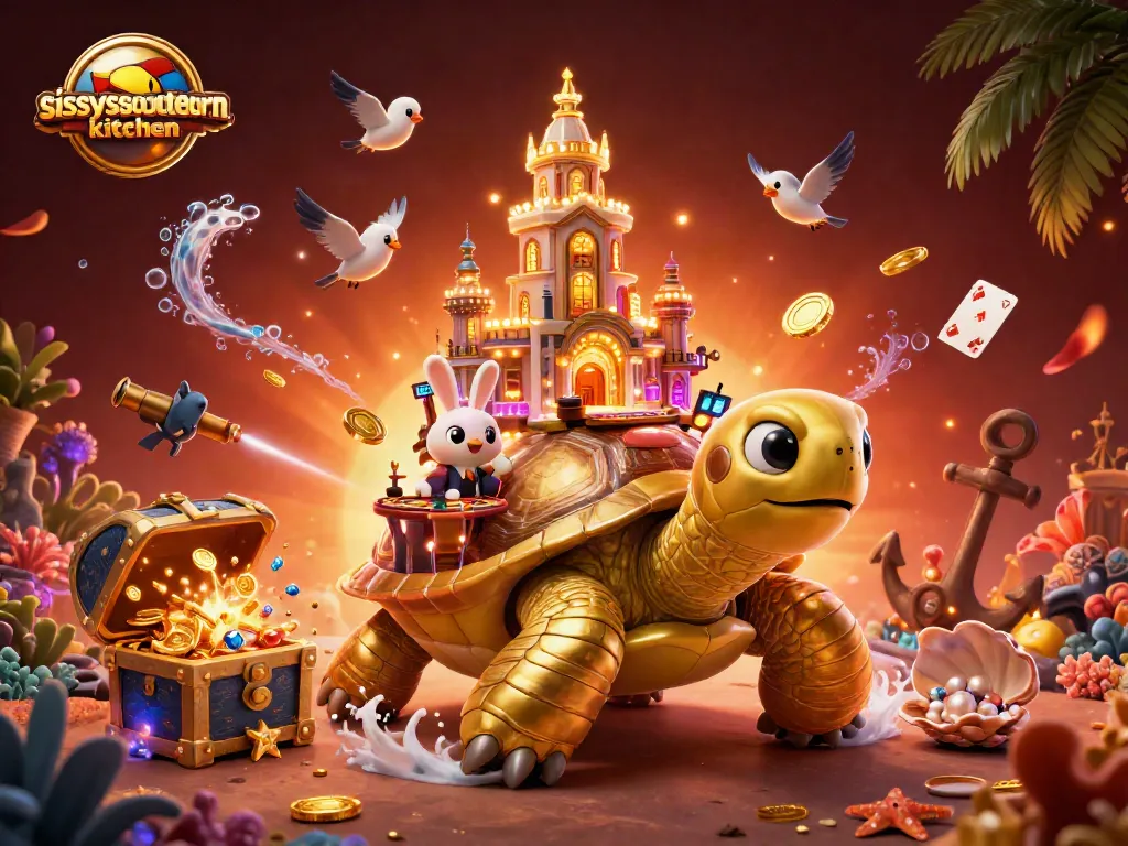 Play games at sissyssouthernkitchen casino featuring a golden tortoise and rabbit dealer.