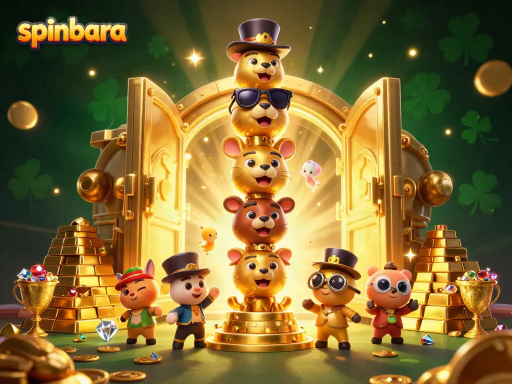 Engage with spinbara casino's vibrant gaming environment featuring treasures and animated characters.
